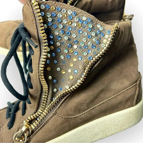 Giuseppe Zanotti  Brown Leather Donna Hi-Top Swarovski Crystal Sneakers 37 - Picture 5 of 13